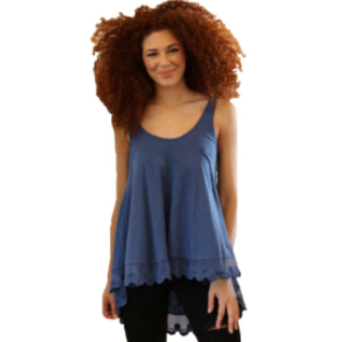 Slubby Lace Hem V-Neck Tank Top - Blue