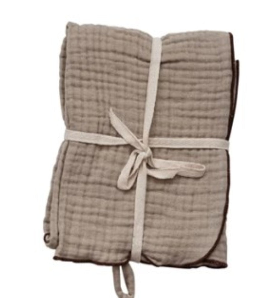 Woven Cotton Double Cloth Tea Towel w/ Contrasting Stitched Edge & Loop