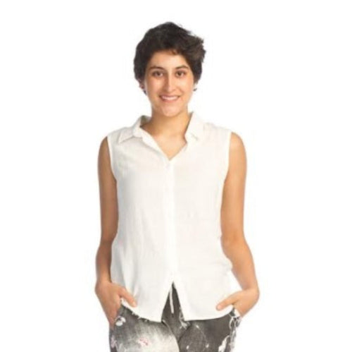 Guaze Cotton Sleeveless Collared Top - White