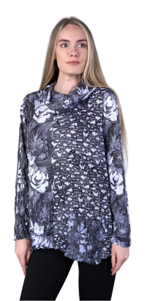 Shana Crinkle Cowl Neck Top Black Multi - Small