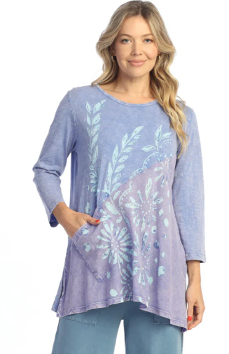 Mineral Washed Long Sleeve Cotton Napoli Tunic Top - Pacific