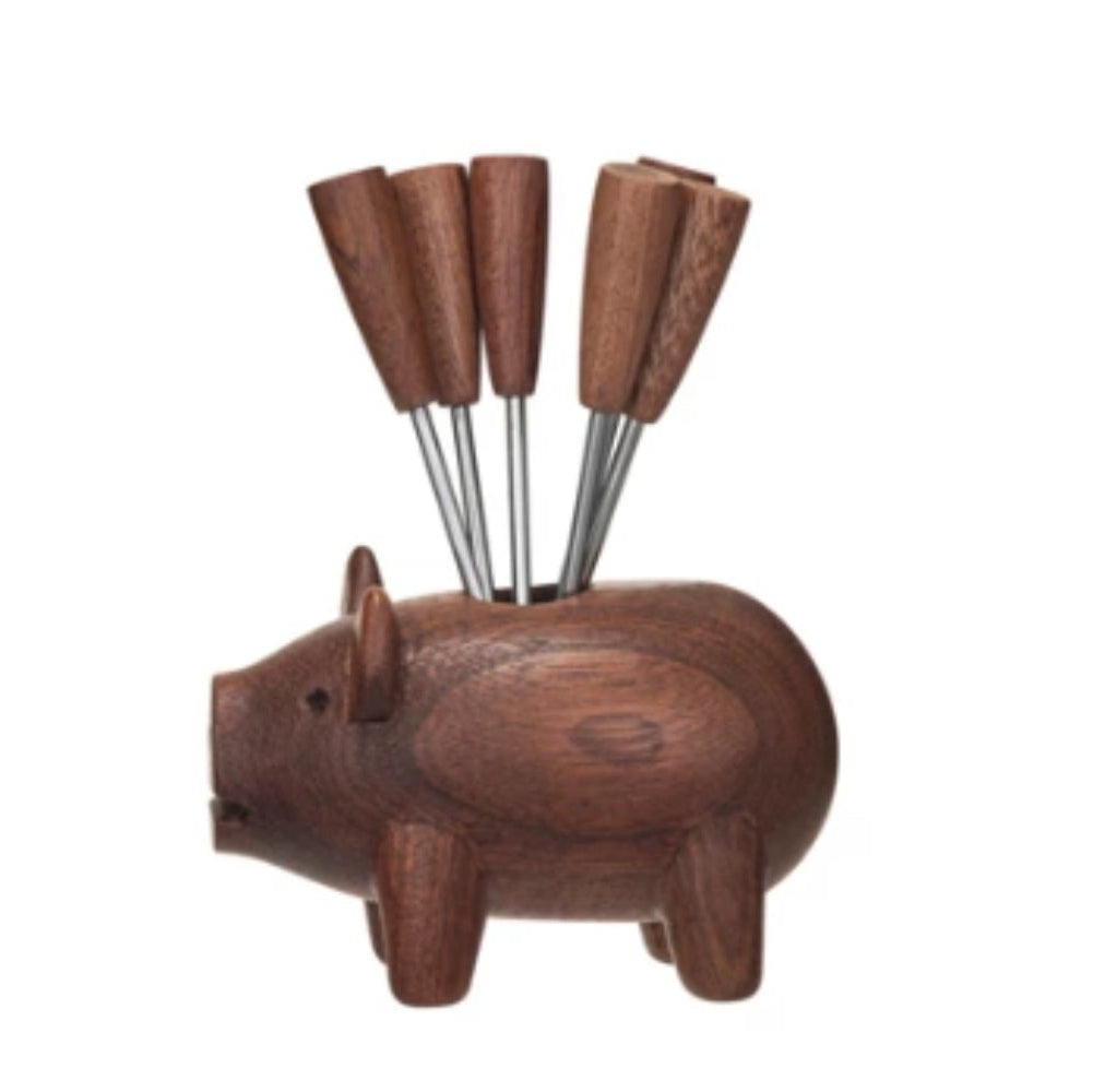 Sapele Wood Pig Shaped Holder w/ 6 Appetizer Forks