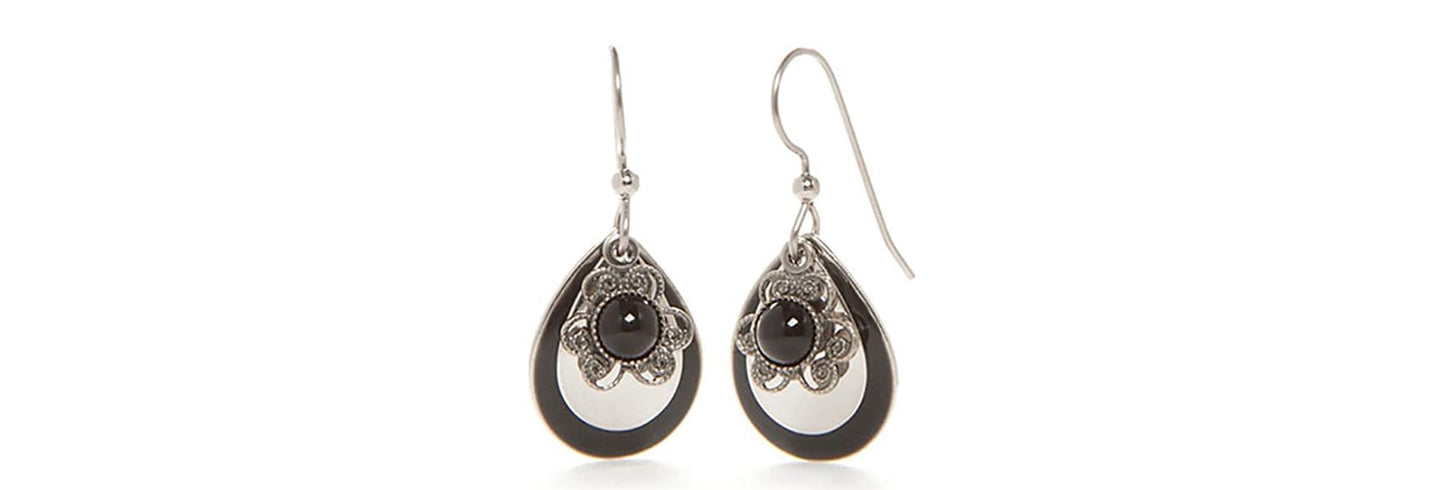 Earrings Silver Layered Tears w/Black Onyx Flower - Silver Forest
