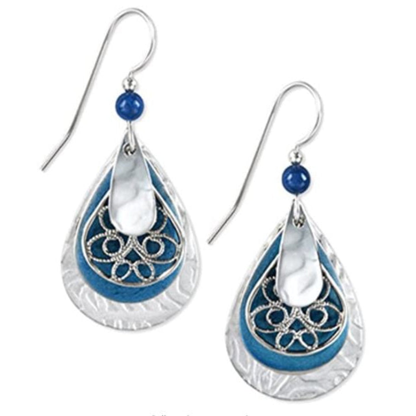 Earrings Blue Silver Teardrop Filigree