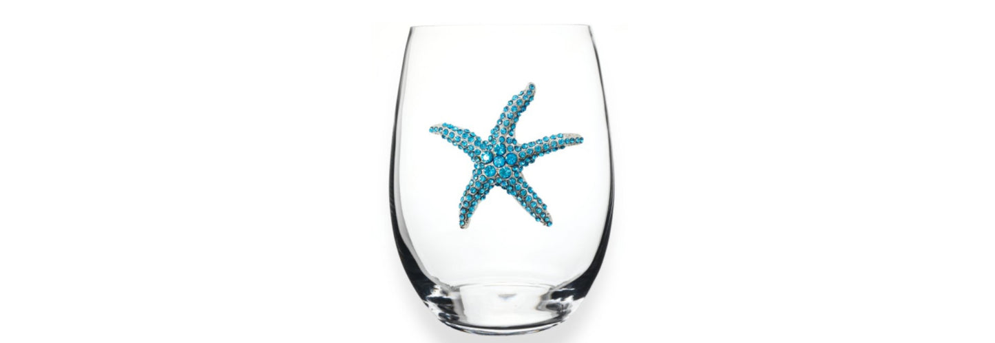 Jeweled Stemless Beverage Glass - Blue Starfish
