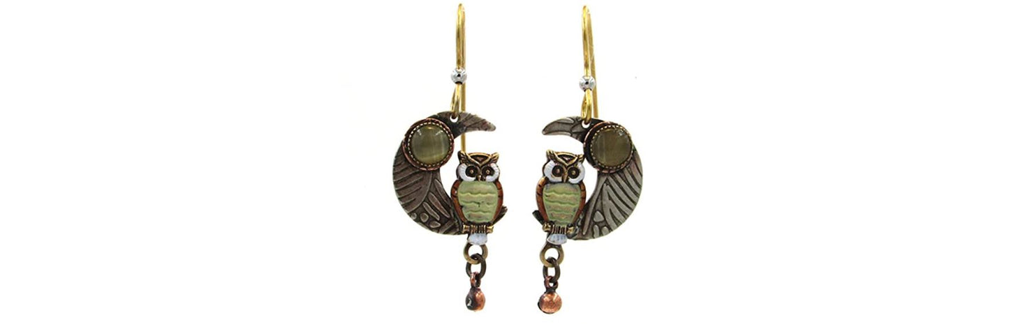 Earrings Tri Metal Half Moon Owl - Silver Forest