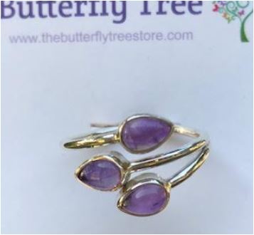Ring amethyst teardrop triple adj sterling silver sz 8