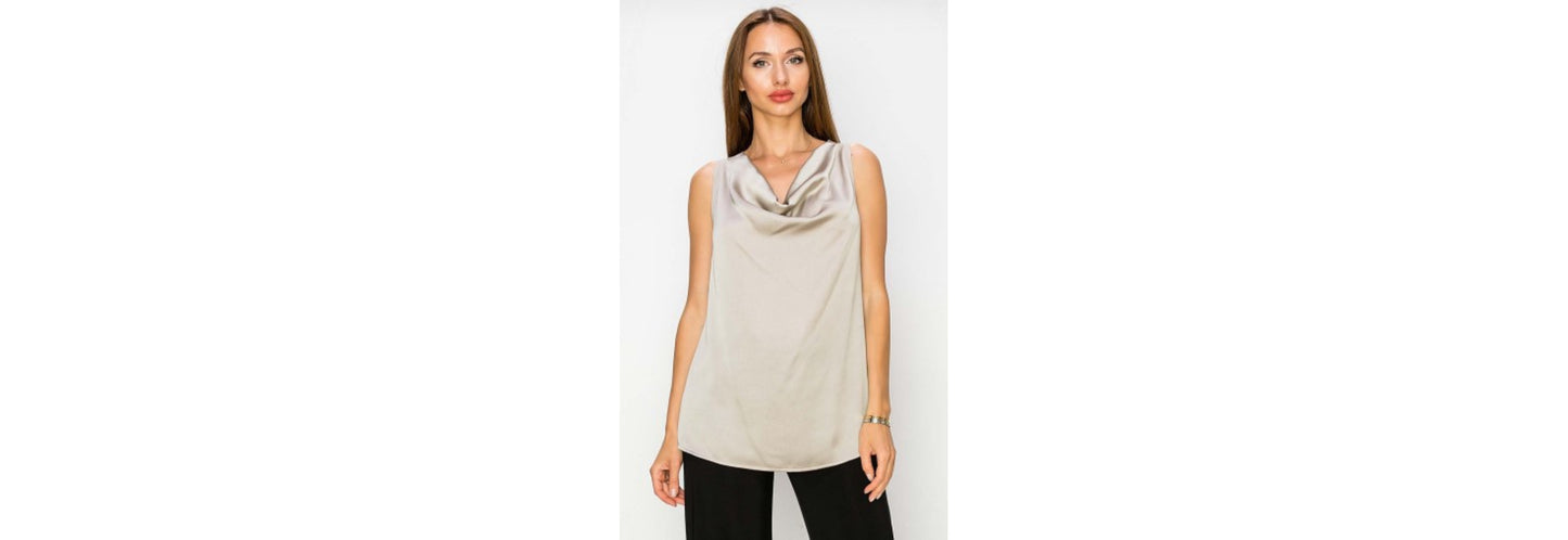 Silky Satin Racerback Cowl Neck Top in Taupe by Last Tango