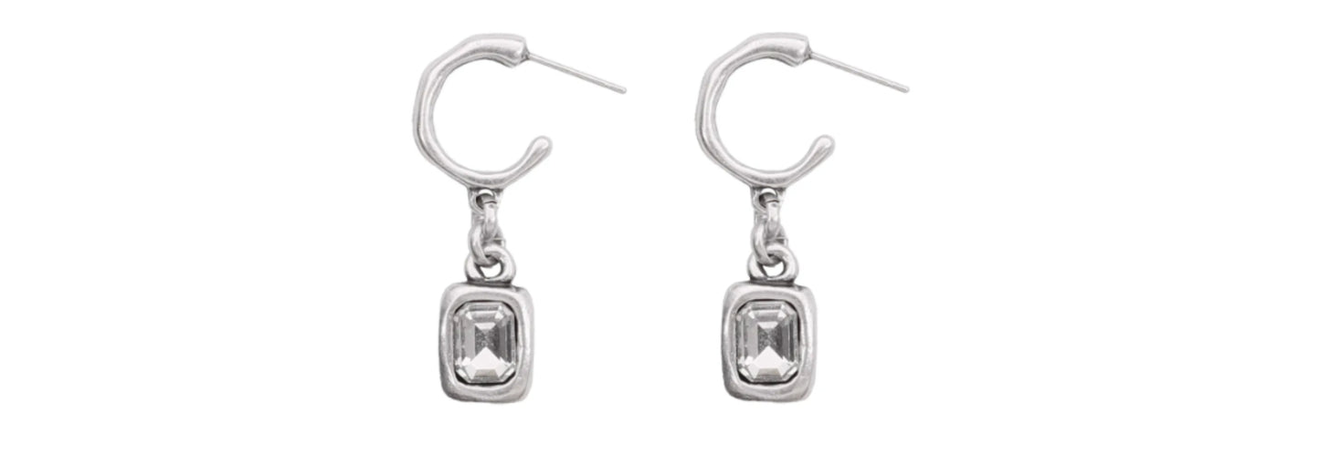 Crystal Pewter Hoop Earrings with Clear Crystal Dangle - Handmade