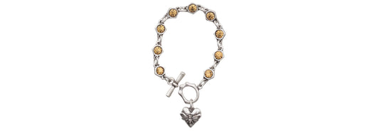Topaz Crystal Pewter Bracelet  with Bee on Heart Toggle - Handmade