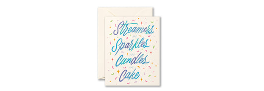 Streamers, Sparkles, Candles, Cake - Birthday Card