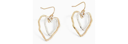 Double Heart Mixed Metal Dangle Earrings - Gold & Silver