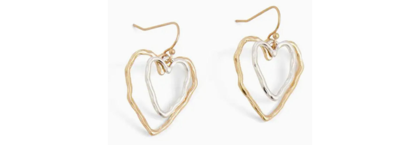 Double Heart Mixed Metal Dangle Earrings - Gold & Silver