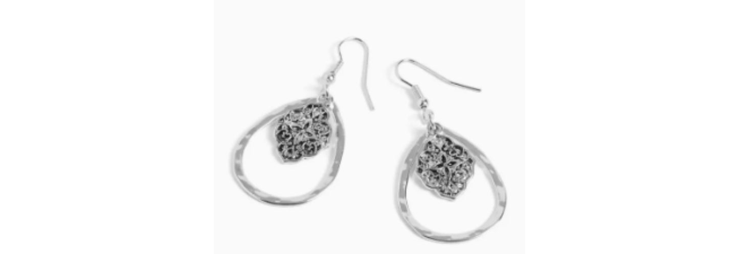 Flower Teardrop Earrings - Silver