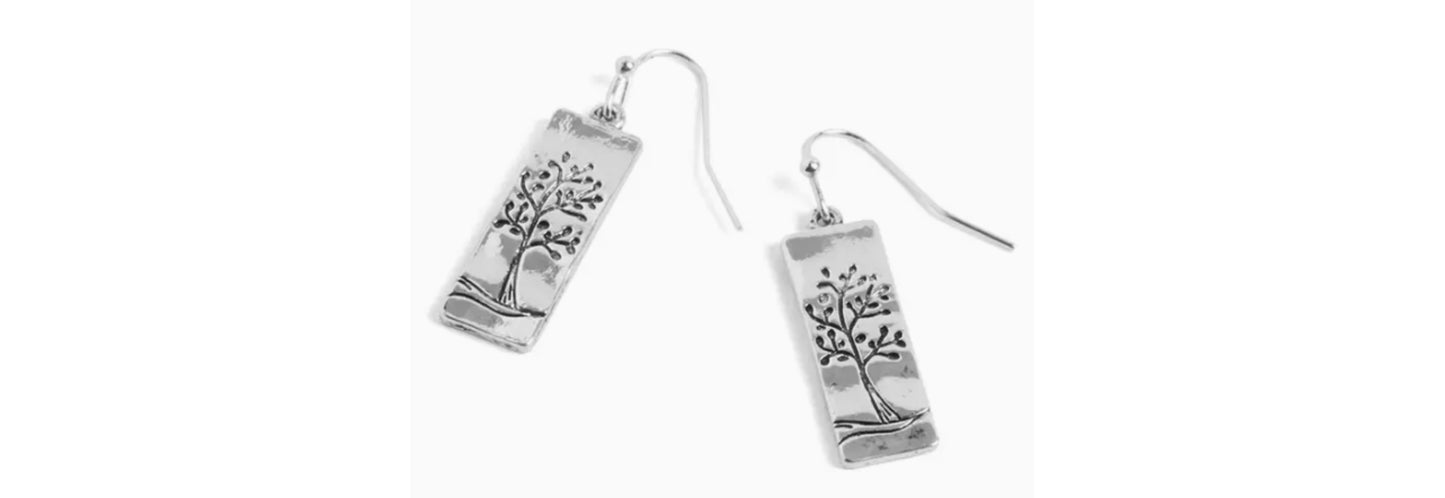 Rectangle Tree Dangle Earrings - Silver