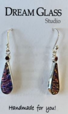 Teardrop Dichroic Glass Sterling Silver Dangle Earrings - Purple
