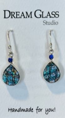 Round Teardrop Dichroic Glass Sterling Silver Dangle Earrings - Blue