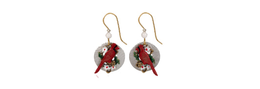 Earrings Cardinal with Flowers- Silver Forest