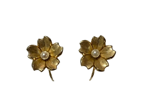 Gold Tone Flower Clip Earrings with Pearl Center | Preowned