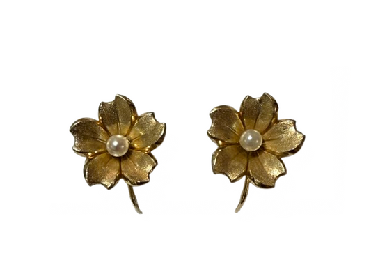 Gold Tone Flower Clip Earrings with Pearl Center | Preowned