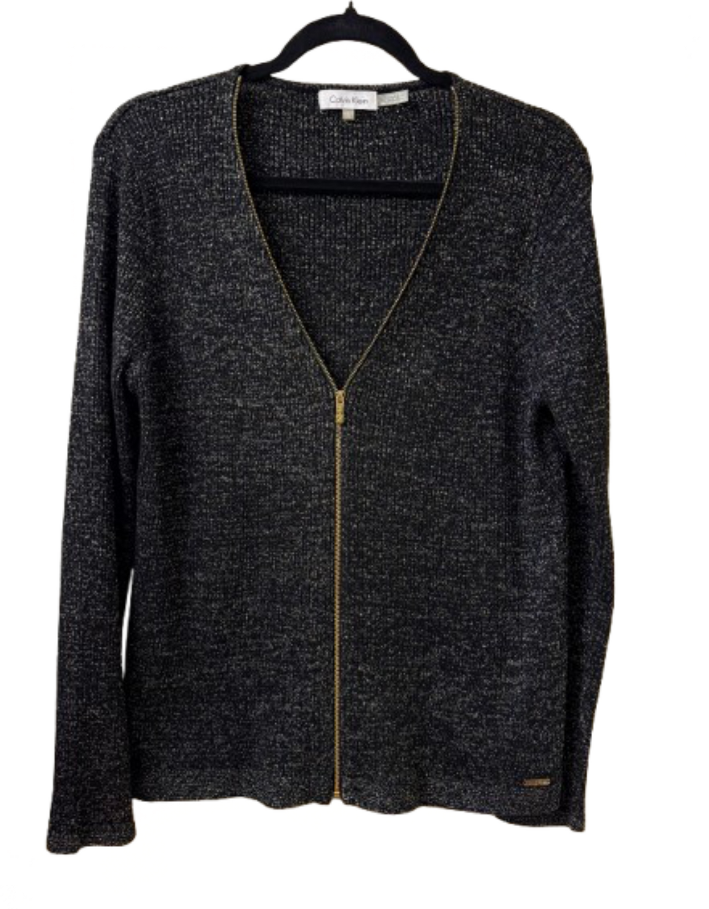 Calvin Klein Black V Neck Zip Front Sparkle Sweater - Large | Preowned
