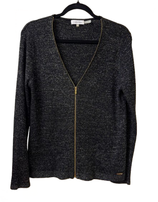 Calvin Klein Black V Neck Zip Front Sparkle Sweater - Large | Preowned