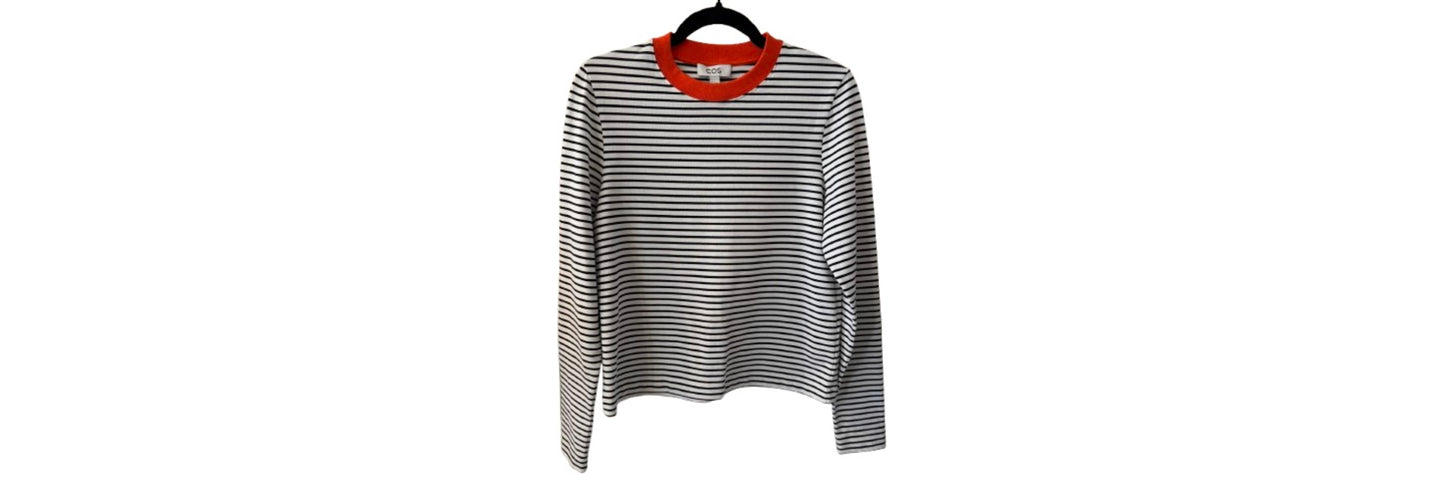 Cos Navy and White Striped Top with Orange around Neck -SM | Preowned