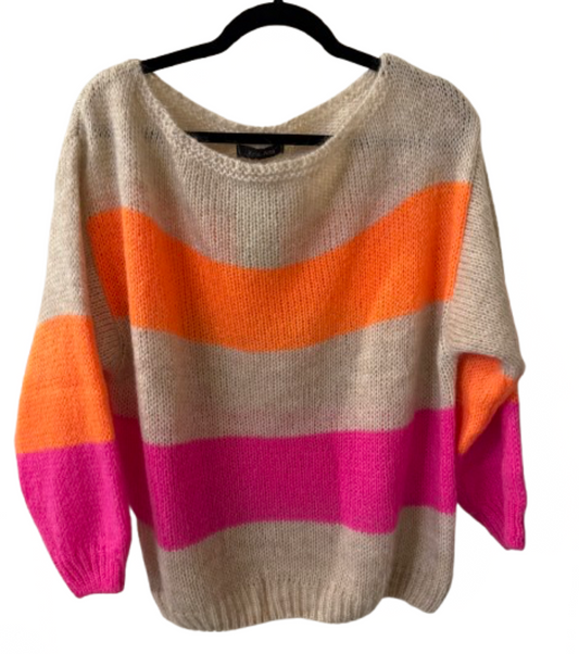 Beige Sweater with Orange and Fuchsia Stripes - One Size