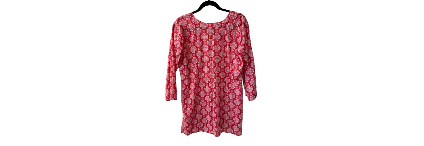 Tunic Top V Neck Red with White Design - MD | Preowned