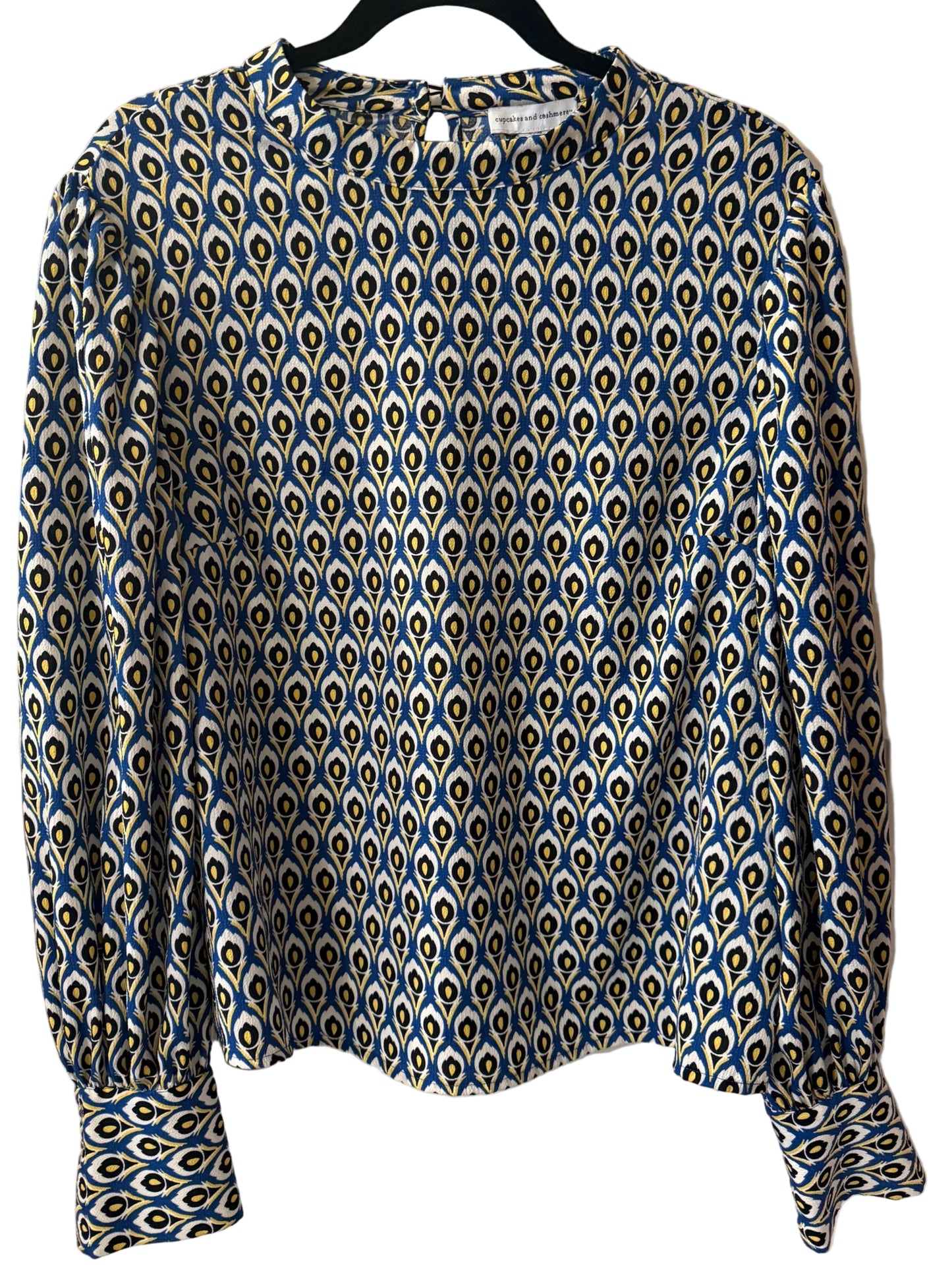 Cupcakes and Cashmere Blouse Blue with Peacock Feather Pattern - XL | Preowned
