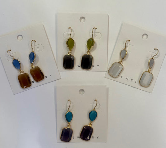 Gold Earrings Double Drop Teardrop & Rectangle Asst
