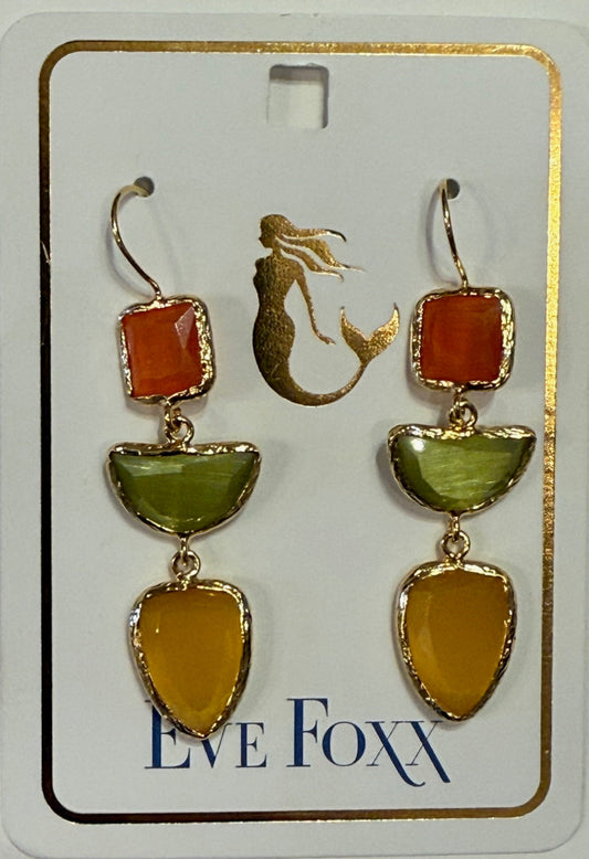 Gold Earrings Triple Drop Multi Shape Asst