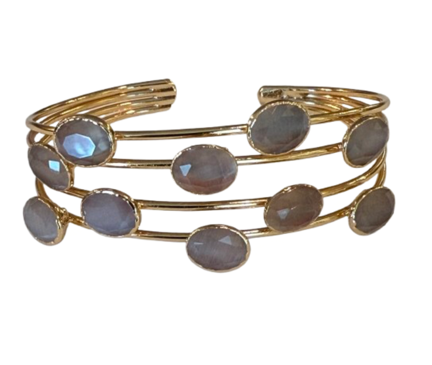 Gold Multi Wire Bangle Bracelet with Oval Stones