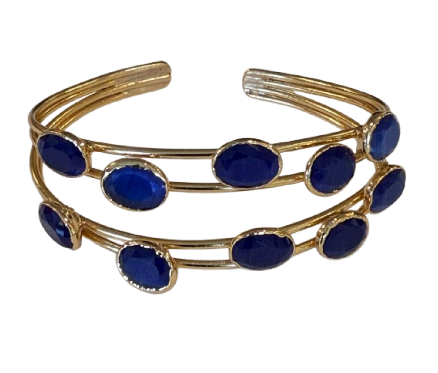 Gold Multi Wire Bangle Bracelet with Oval Stones