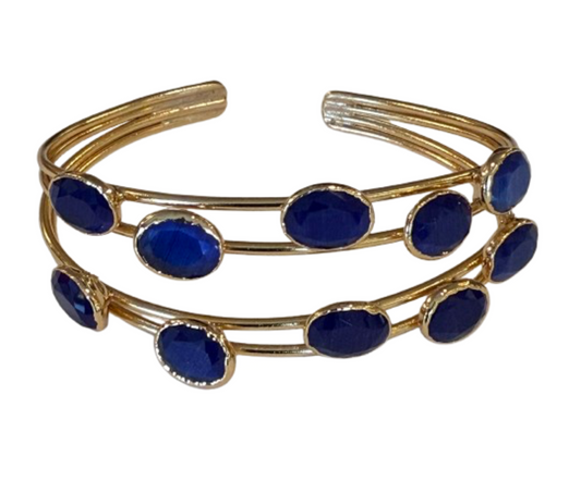 Gold Multi Wire Bangle Bracelet with Oval Stones