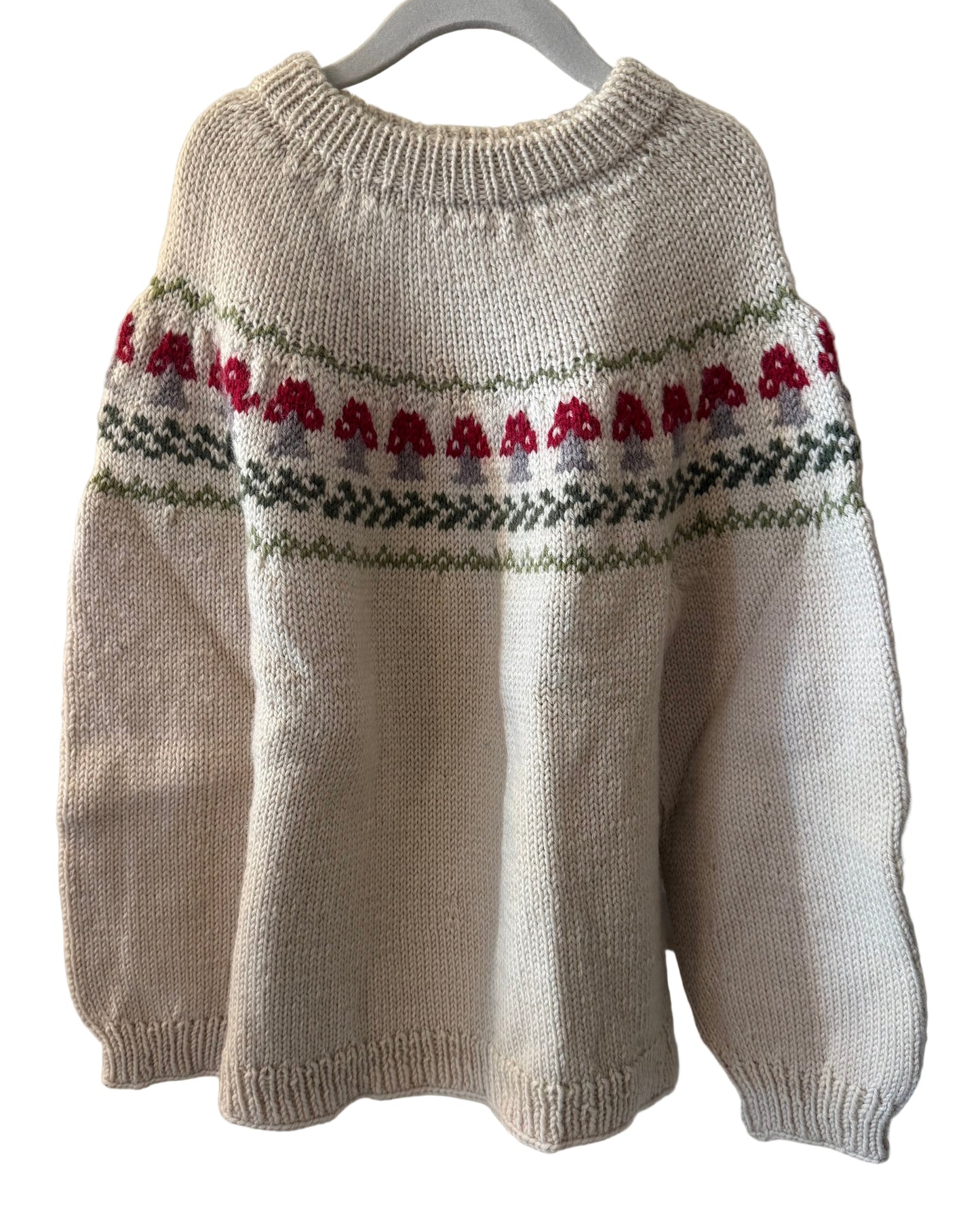 Hand Knit Tan Sweater with Red and Green Mushroom Pattern -Kids SZ 8 - 10 | New