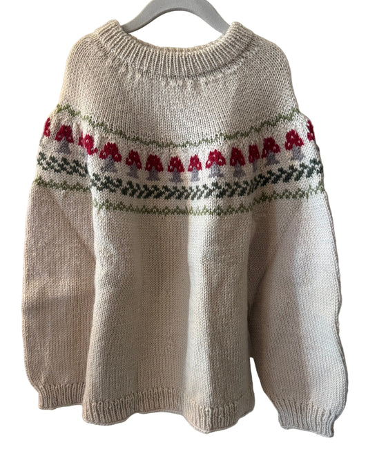 Hand Knit Tan Sweater with Red and Green Mushroom Pattern -Kids SZ 8 - 10 | New