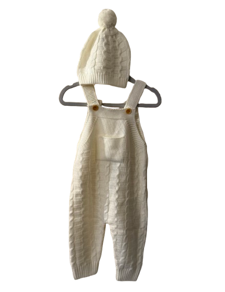 Hand Knit Ivory Overall with Matching Hat - Toddler | New