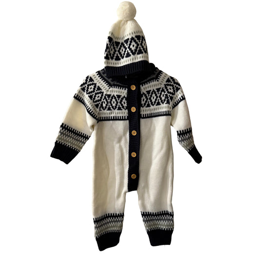 Hand Knit Sweater with Matching Hat Off White and Blue - Toddler | New