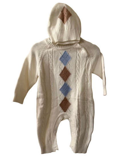 Hand Knit Off White Diamond Pattern Onesie with Matching Hat and Socks | New