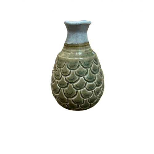 Artisan Handcrafted Pottery Vase Scalloped Design Light Green & Light Blue Glaze