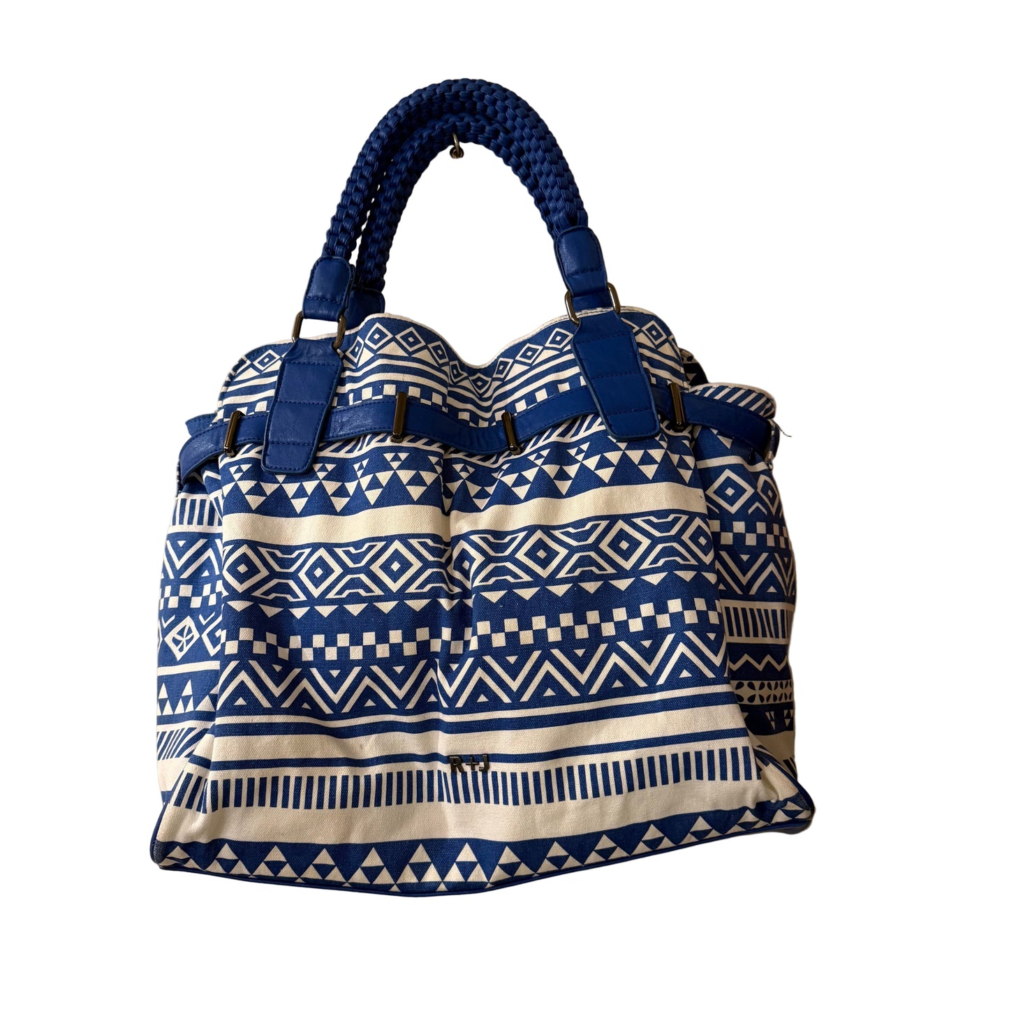 R&J Boho Blue and White Painted Canvas Tote | Preowned