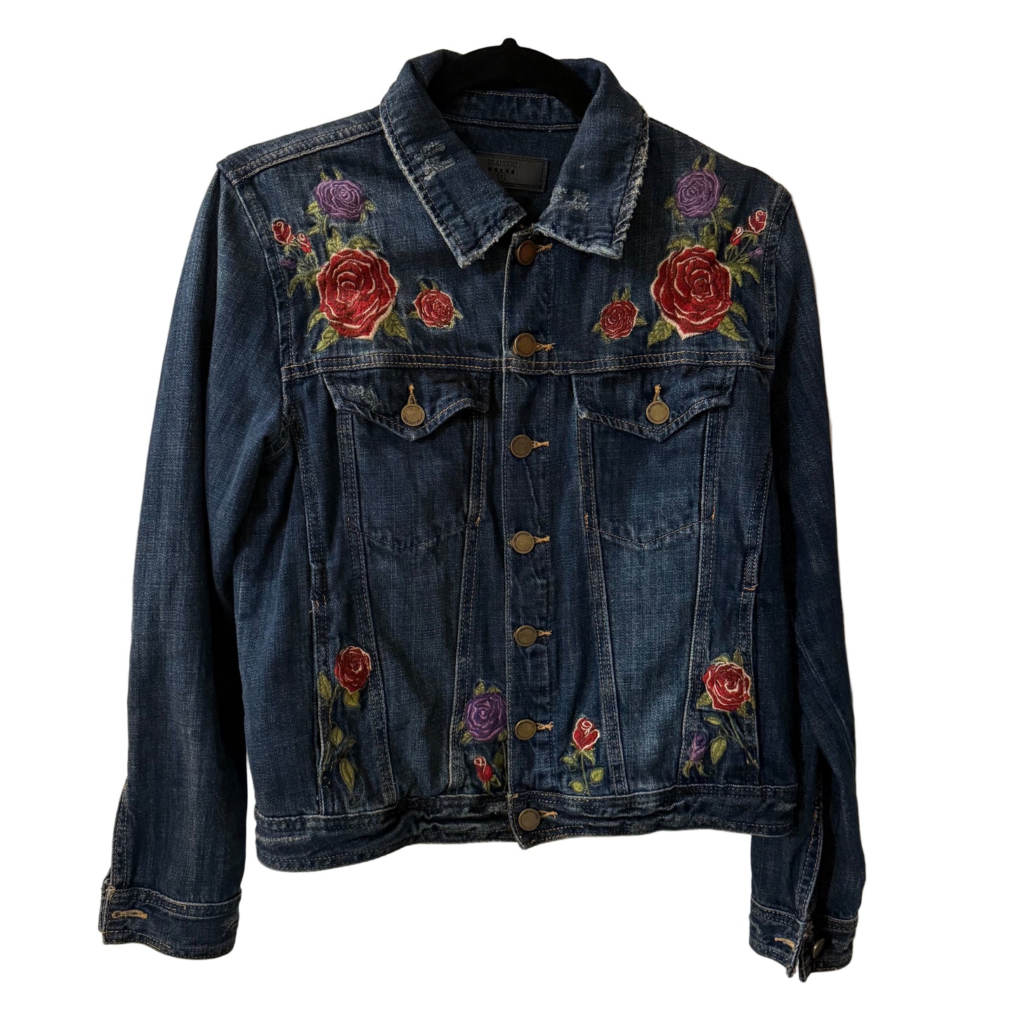 BLANK NYC Embroidered Floral Distressed Denim Jacket Size Small | Preowned