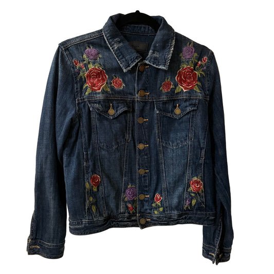 BLANK NYC Embroidered Floral Distressed Denim Jacket Size Small | Preowned Embroidered Floral Distressed Denim Jacket Size Small | Preowned