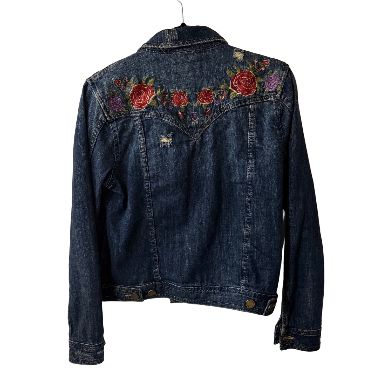 BLANK NYC Embroidered Floral Distressed Denim Jacket Size Small | Preowned