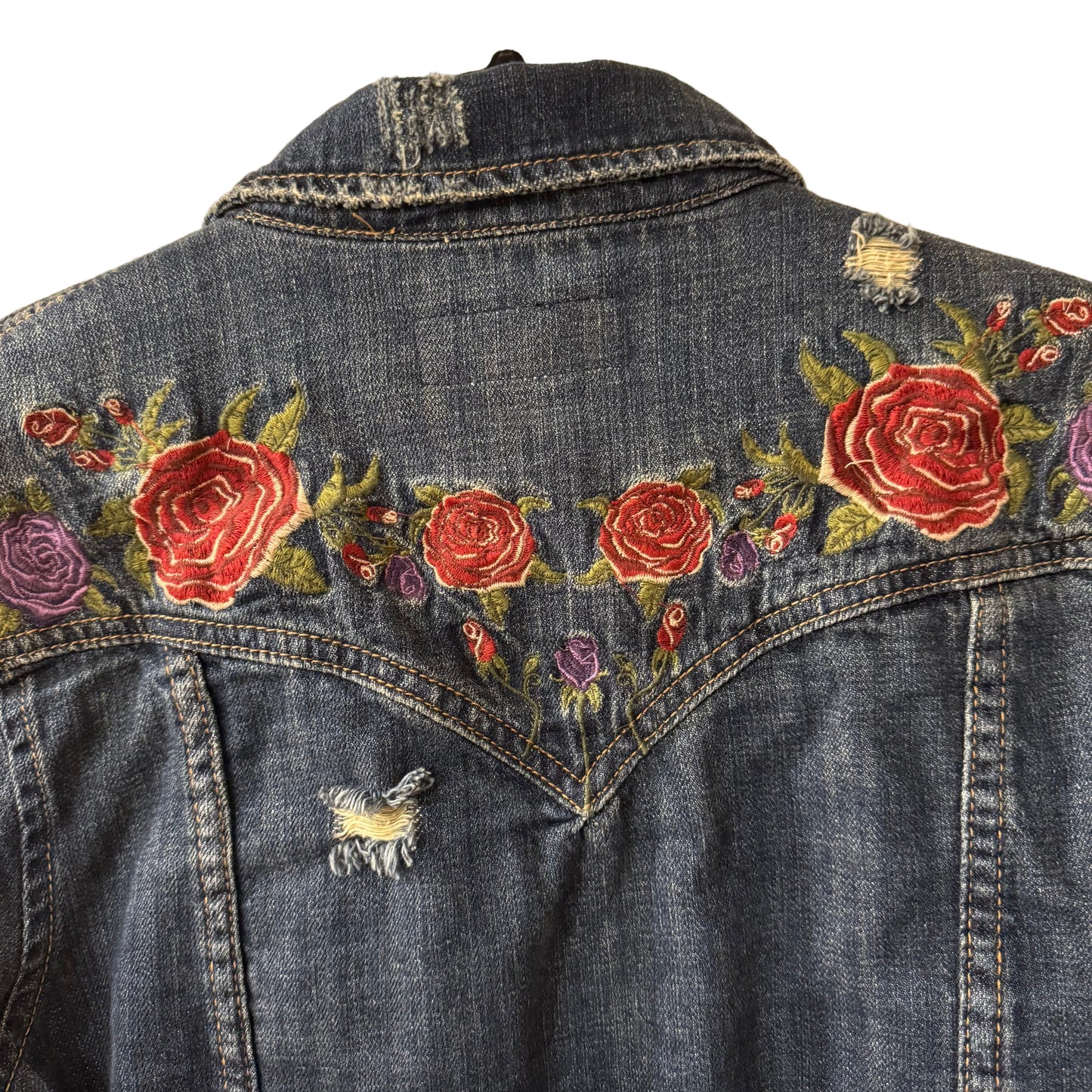 BLANK NYC Embroidered Floral Distressed Denim Jacket Size Small | Preowned