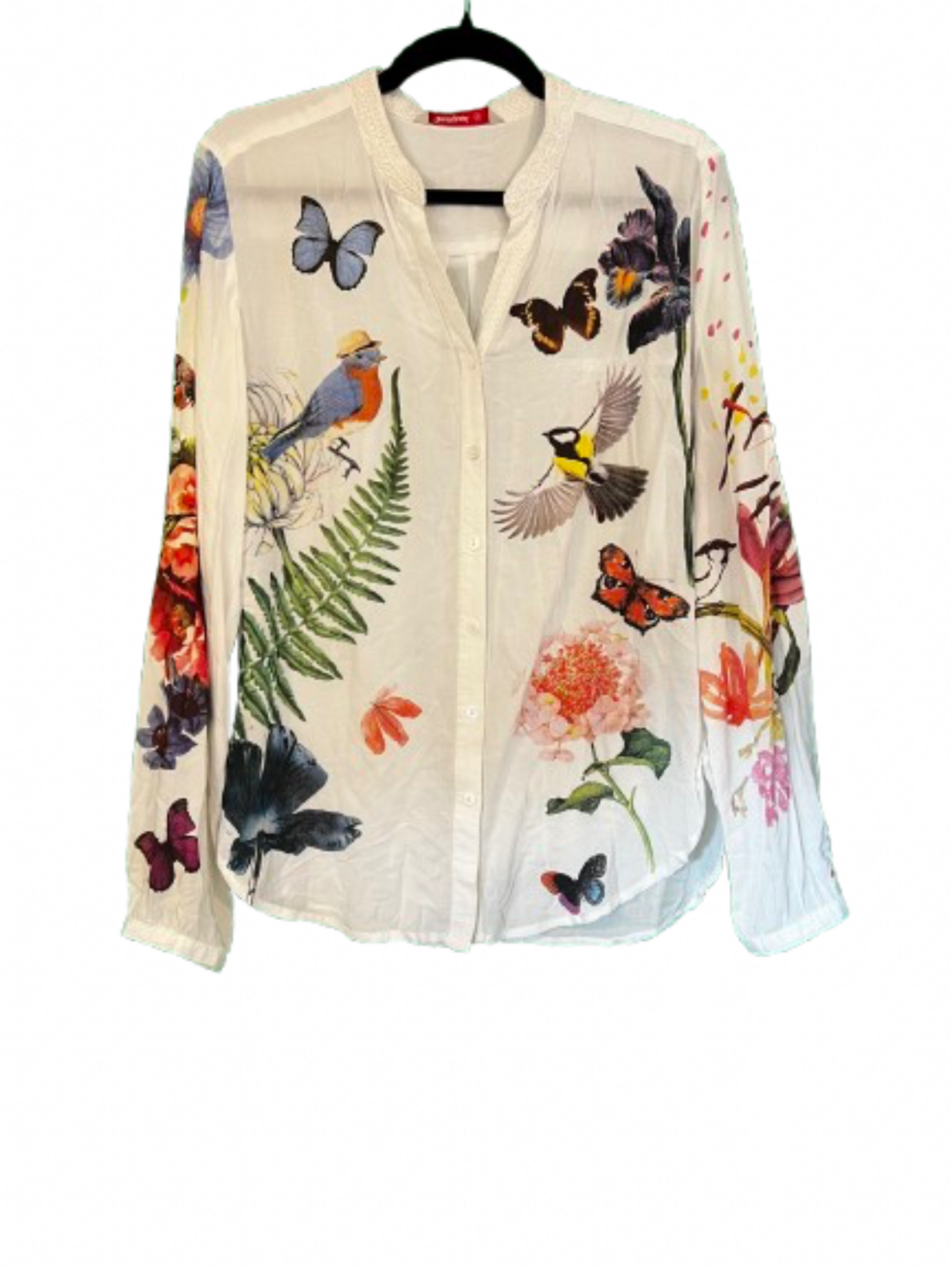 Desigual White Shirt with Butterflies and Birds - Medium | Preowned