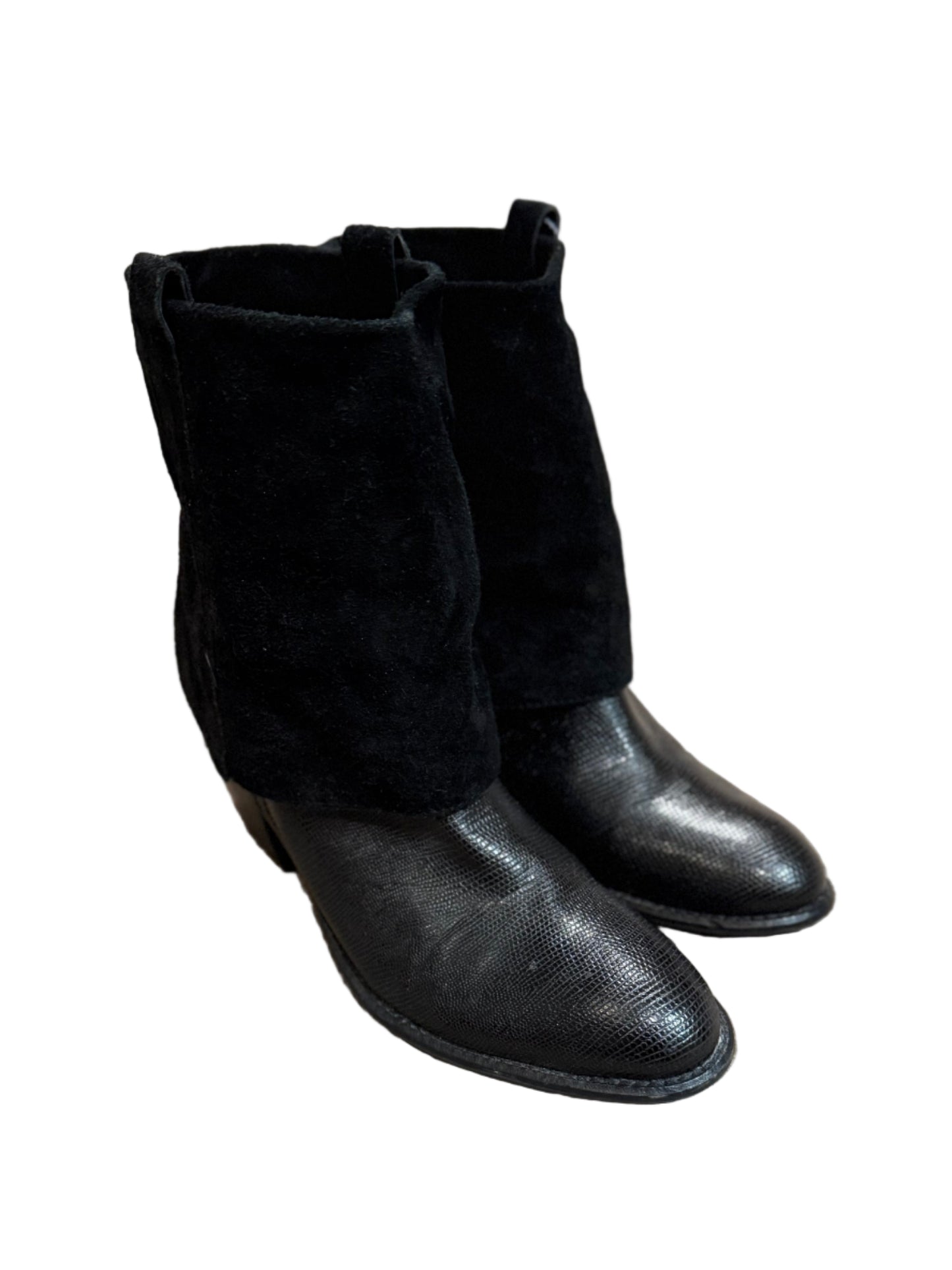 Franco Sarto Ankle Booties Black Leather Fold Over Suede SZ 9 | Preowned