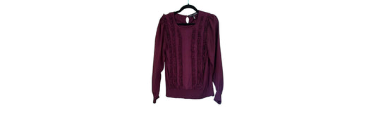 White House Black Market Burgandy Sheer Sleeve Ruffle Front Sweater  - Small