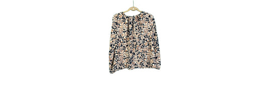 Melloday Navy Blue Cream Floral Printed Long Sleeve Blouse - Large